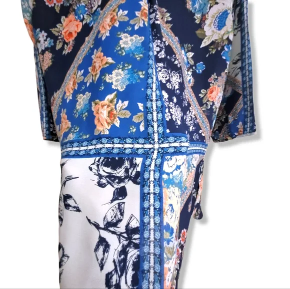 Westport Artsy Floral Patchwork 3/4 Sleeve Semi Sheer Long Tunic Blouse, M - Picture 9 of 11